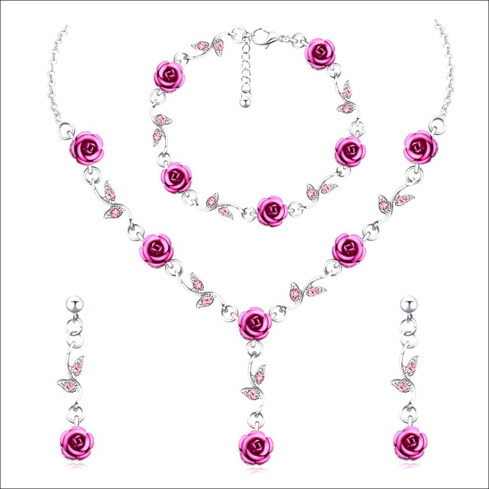 Adjustable Rose Jewelry Set Necklace Bracelet Earrings for Wedding Party